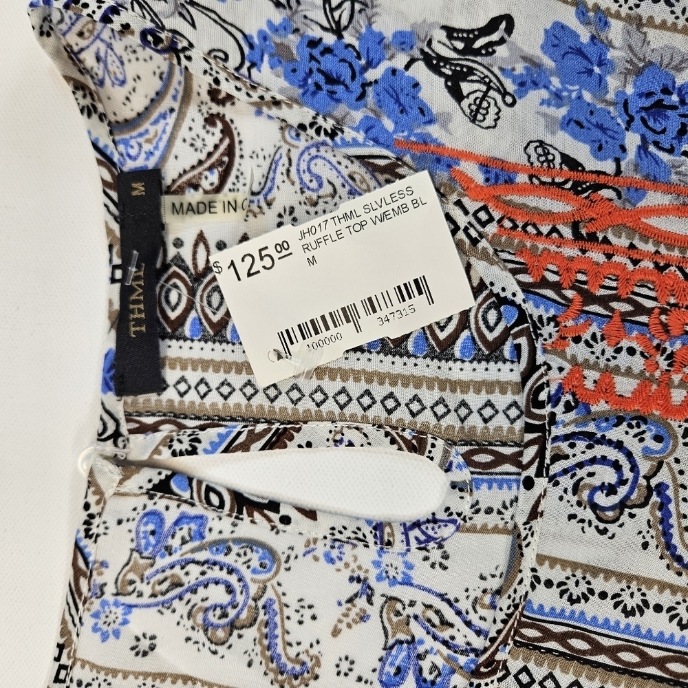 THML Women's Ruffle Top Sleeveless Blouse Size Medium Blue Red NWT - Picture 2 of 6